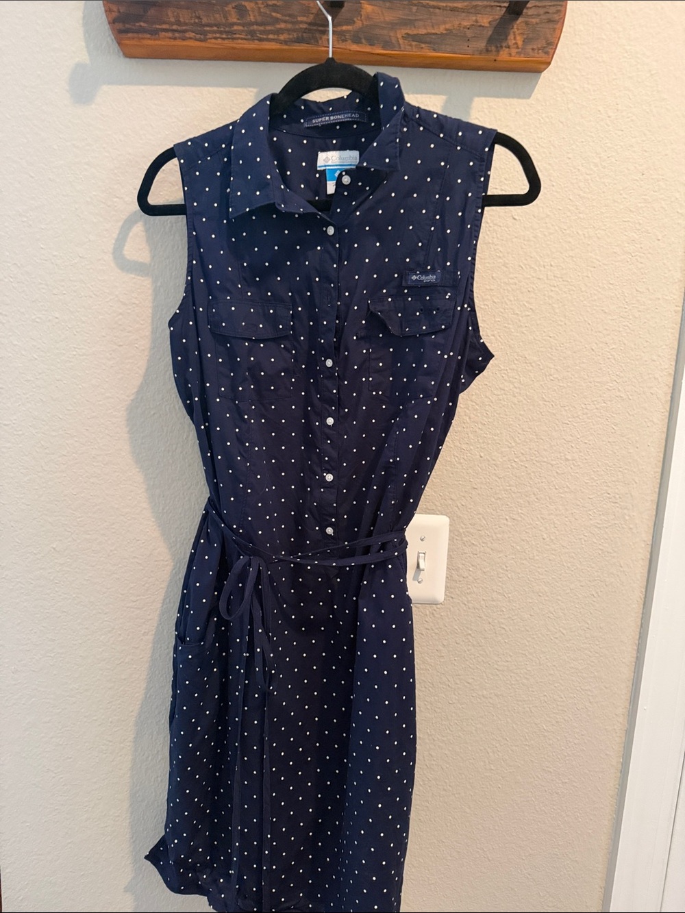 Columbia Super Bonehead Navy Blue Polka Dot Sleeveless Shirt Dress
